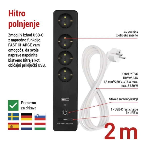 Фото - Сетевой фильтр EMOS Умный P1422SM 2 м 4 гнезда, ПВХ, USB-A, USB-C, Wi-Fi 1,5 мм2