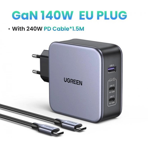 Фото - Сетевое зарядное устройство UGREEN CD289 GaN Fast Charger 140W with Cable Gray (90549)