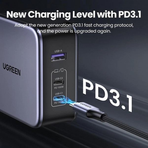 Фото - Сетевое зарядное устройство UGREEN CD289 GaN Fast Charger 140W with Cable Gray (90549)
