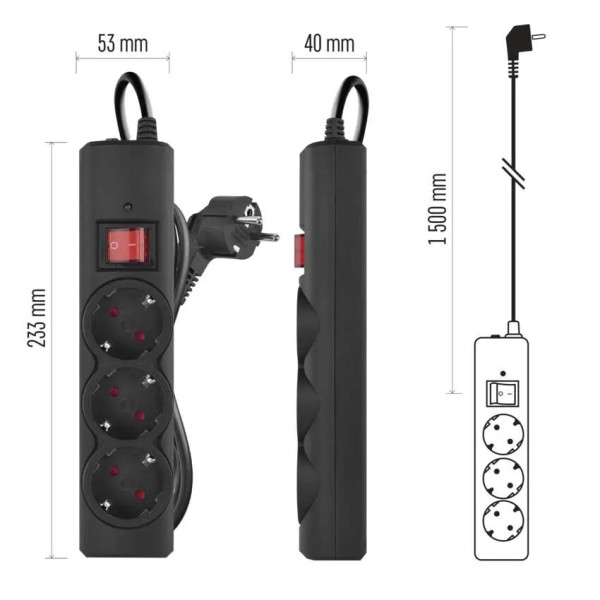 Фото - Сетевой фильтр EMOS P54214, 3 розетки, 1,5м.10A 2300Вт черный