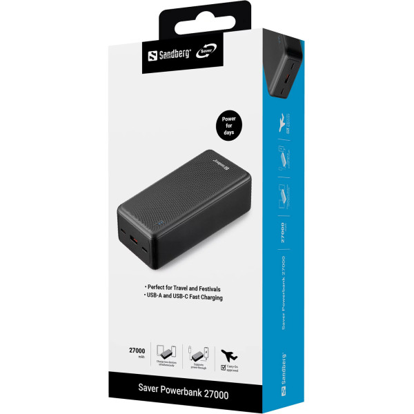 Фото - Батарея мобильная Sandberg 27000mAh Saver 22,5W 3A PD,QC3.0, USB-A,2xUSB-С Black (320-43)