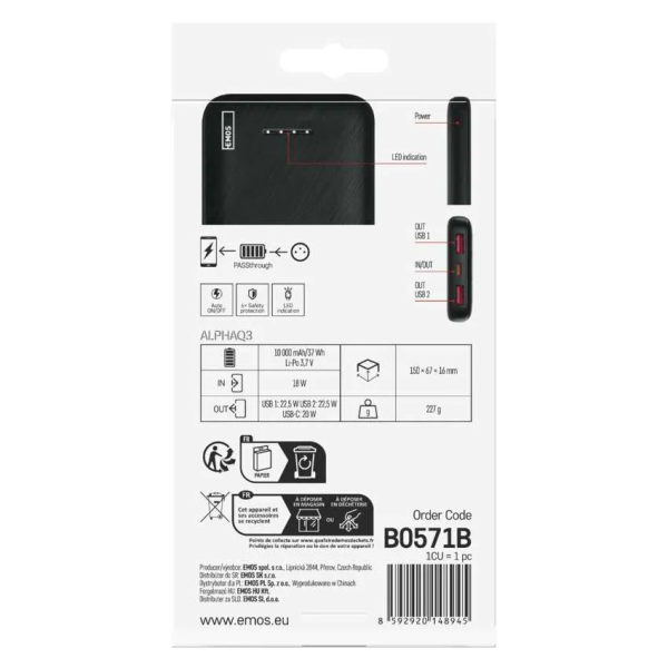 Фото - Батарея мобильная EMOS AlphaQ3 B0571B 22,5W/10000mAh, черный, PD20W