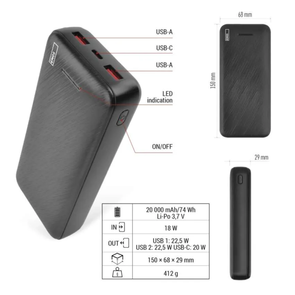 Фото - Батарея мобильная EMOS AlphaQ3 B0572B 22,5W/20000mAh, черный, PD20W