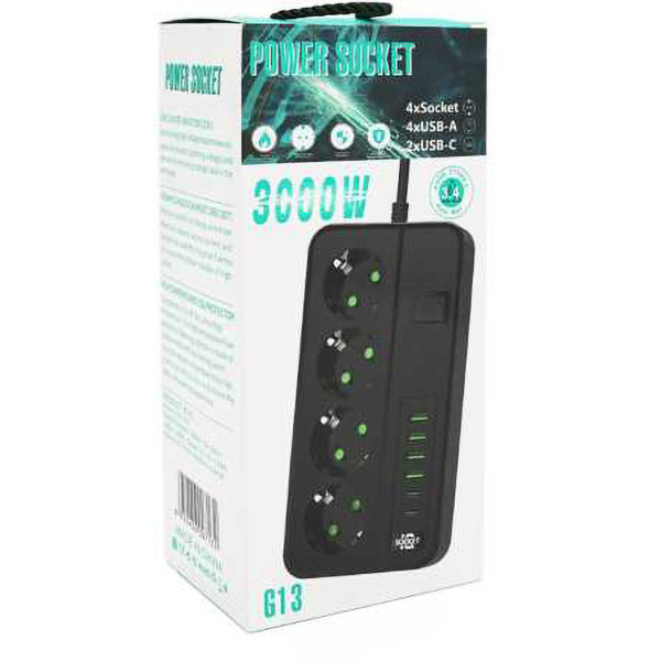 Фото - Сетевой фильтр Voltronic G13 4 Socket+4 USB 3,2А+2 Type-C 2m (33574)