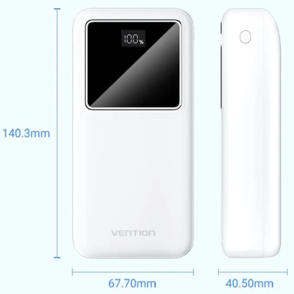 Фото - Батарея мобильная Vention 30000mAh 22.5W 3A PD QC3.0 Micro-USB USB-C 2xUSB-A LED Display White (FHMW0)