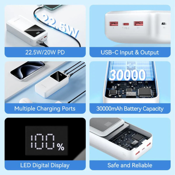 Фото - Батарея мобильная Vention 30000mAh 22.5W 3A PD QC3.0 Micro-USB USB-C 2xUSB-A LED Display White (FHMW0)