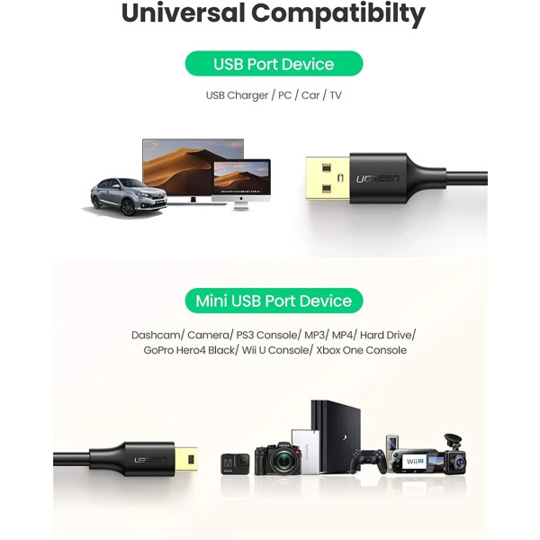 Фото - Кабель синхронизации данных UGREEN US132 USB-А 2.0 Male to Mini USB 5pin Male Cable 0.5m Black (10354)