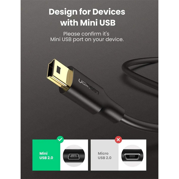 Фото - Кабель синхронизации данных UGREEN US132 USB-А 2.0 Male to Mini USB 5pin Male Cable 0.5m Black (10354)