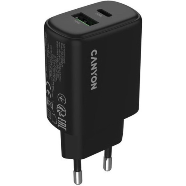 Фото - Сетевое зарядное устройство Canyon OnCharge 200 20W 1xPD 1xQC EU Black (CNE-CHA200-31)