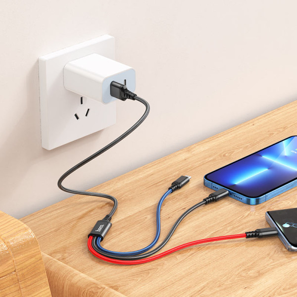 Фото - Кабель синхронизации данных HOCO X76 USB to iP+Type-C+Micro 2A, 1m Black+Red+Blue (6931474768636)