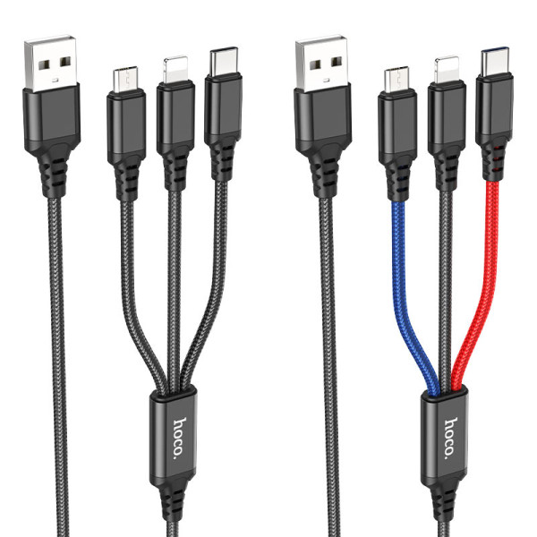 Фото - Кабель синхронизации данных HOCO X76 USB to iP+Type-C+Micro 2A, 1m Black+Red+Blue (6931474768636)