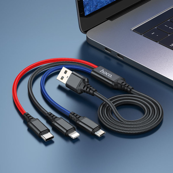Фото - Кабель синхронизации данных HOCO X76 USB to iP+Type-C+Micro 2A, 1m Black+Red+Blue (6931474768636)