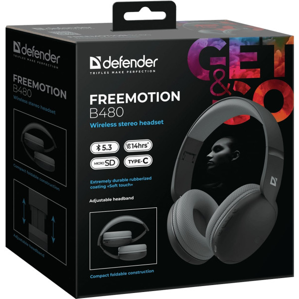 Фото - Наушники полноразмерные беспроводные Defender FreeMotion B480 Black (63480)