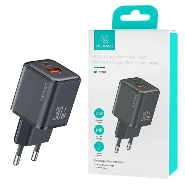 Фото - Сетевое зарядное устройство Usams US-CC189 PD30W+QC3.0 A+C Black (CC189TC01)