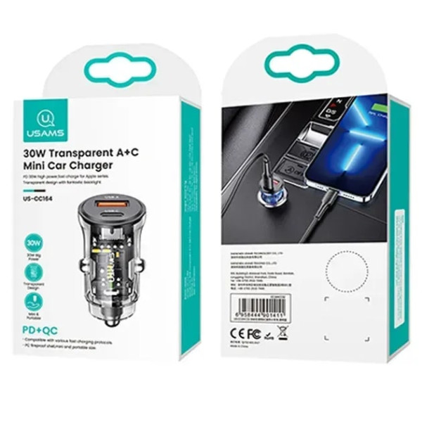 Фото - Автомобильное зарядное устройство Usams US-CC164 30 W Quick Charge Type-C та USB Black