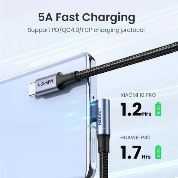 Фото - Кабель синхронизации данных UGREEN US334 USB-C 2.0 to Angled USB-C M/M Cable Aluminium Shell with Braided 3m Black (20583)