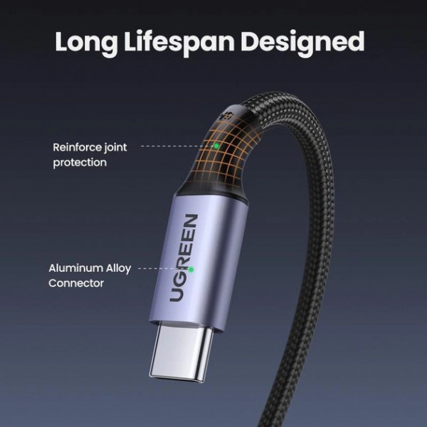 Фото - Кабель синхронизации данных UGREEN US334 USB-C 2.0 to Angled USB-C M/M Cable Aluminium Shell with Braided 3m Black (20583)