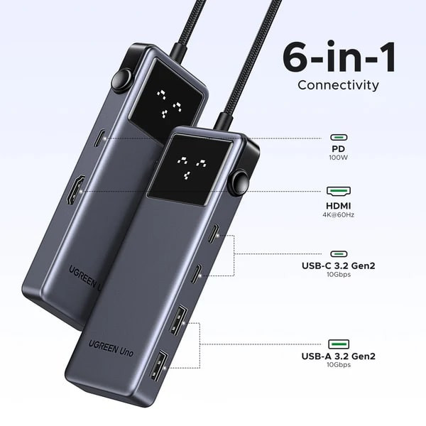 Фото - Хаб USB UGREEN CM888 USB-C to HDMI+2xUSB 3.2+2xUSB-C 3.2+PD Power Converter Gray (35998)