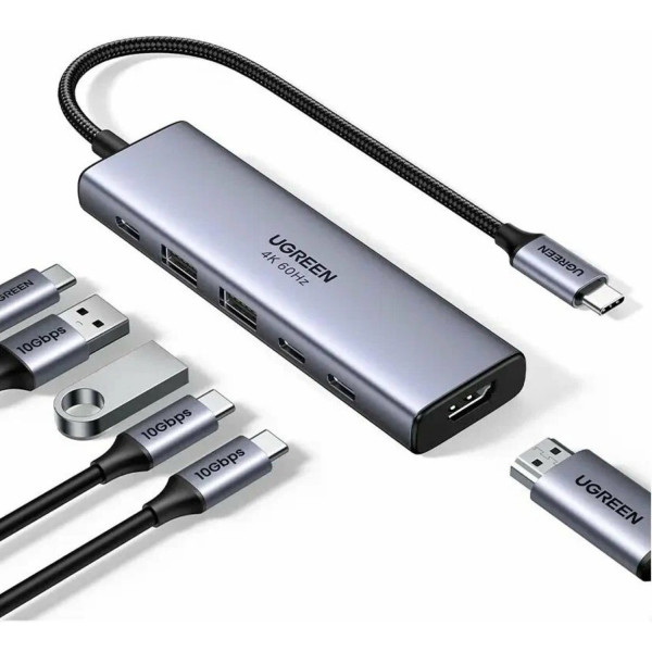 Фото - Хаб USB UGREEN CM511 USB-C to HDMI+2xUSB 3.2+2xUSB-C 3.2+PD Power Converter Gray (35999)