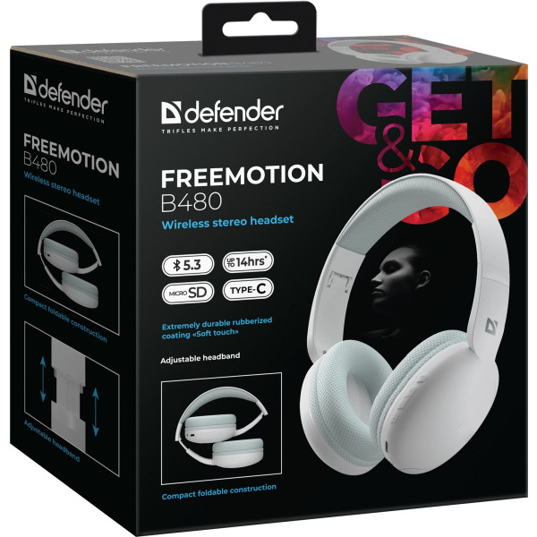 Фото - Наушники полноразмерные беспроводные Defender FreeMotion B480 White (63481)