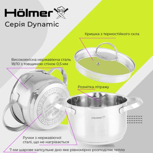 Фото - Набор кастрюль Holmer Dynamic 6 пр. кастрюля 2 л/2,8 л/3,8 л 3 крышки (CS-5651-SSD)