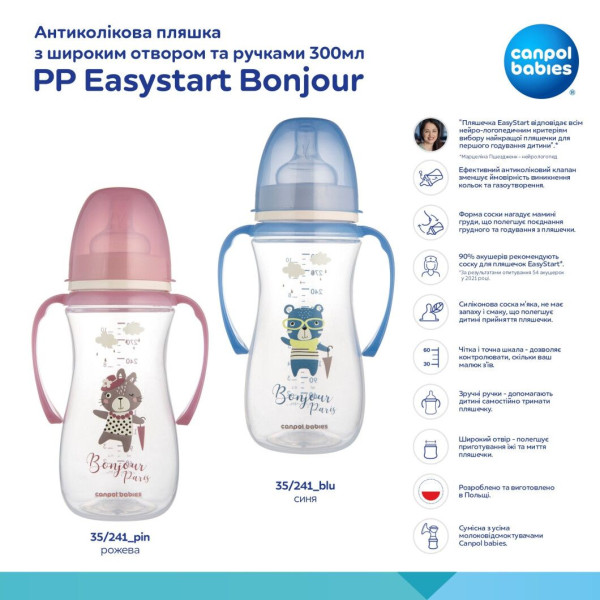 Фото - Бутылочка для кормления Canpol babies с широким отверстием и ручками 300мл PPEasystart BonjourParis розовая (35/241_pin)