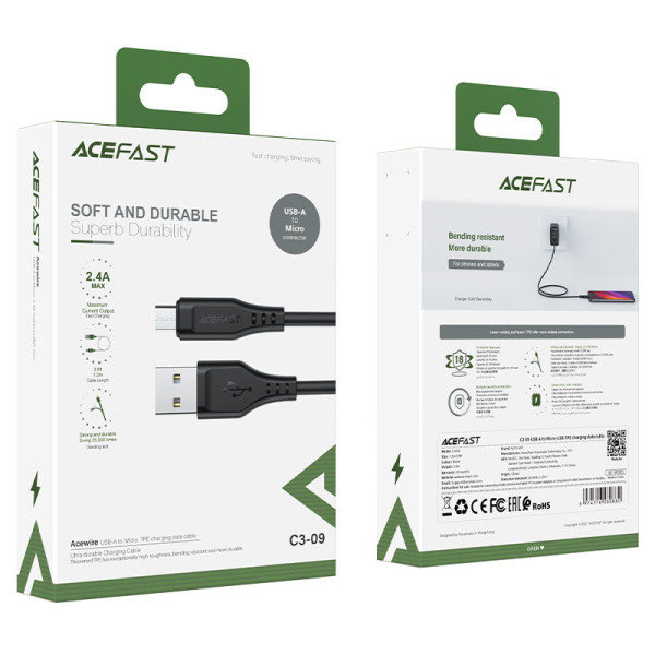 Фото - Кабель синхронизации данных AceFast C3-09 USB to Micro 2,4A, 1.2m Black (6974316280880)