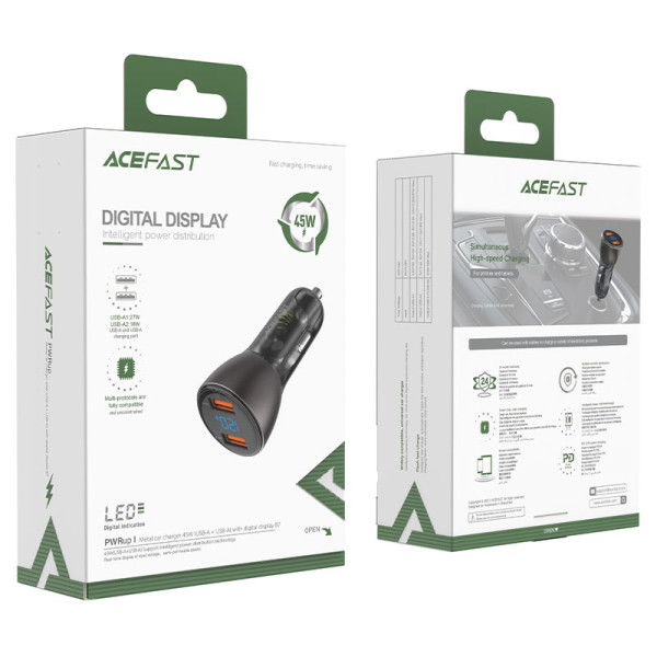 Фото - Автомобильное зарядное устройство AceFast B7 metal  45W USB-A + USB-A with digital display (6974316280989)