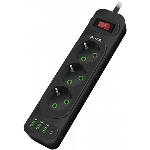 Фото - Сетевой фильтр Aura Energy 3+3 USB-A + USB-C (PD) 2M Black (AUEMFP33PD2MB)