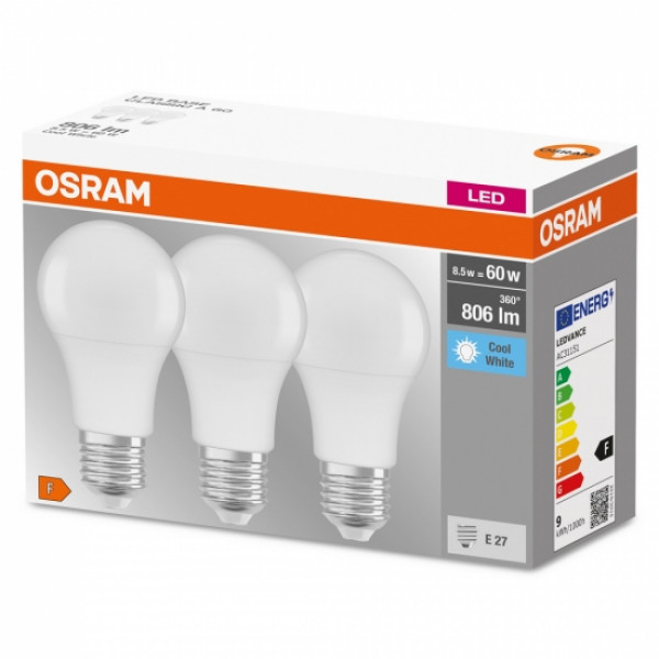 Фото - Лампочка светодиодная Osram LED E27 8.5Вт 4000К 806Лм A60 3 шт. (4058075127531)