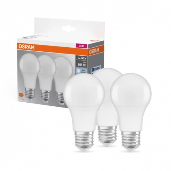 Фото - Лампочка светодиодная Osram LED E27 8.5Вт 4000К 806Лм A60 3 шт. (4058075127531)