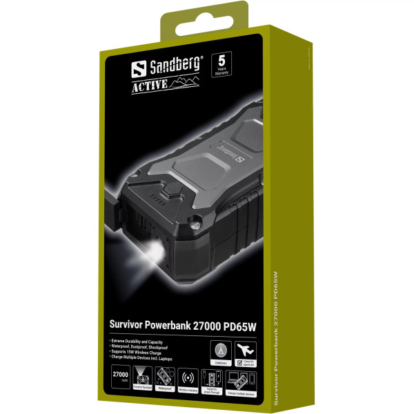 Фото - Батарея мобильная Sandberg Survivor 27000mAh PD65W, IP67,LED Torch,2xUSB-А 18W,USB-С 65W,QI-15W (420-99)