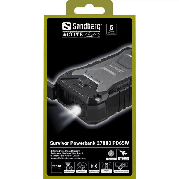 Фото - Батарея мобильная Sandberg Survivor 27000mAh PD65W, IP67,LED Torch,2xUSB-А 18W,USB-С 65W,QI-15W (420-99)
