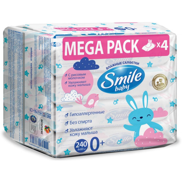 Фото - Салфетки влажные для детей Smile baby Мультипак с рисовым молочком, 60 шт. 4шт/пак (42116820)
