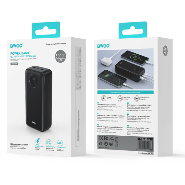 Фото - Батарея мобильная BWOO 22,5W 30000 mAh power bank with LCD screen, black\white (BO-P64)