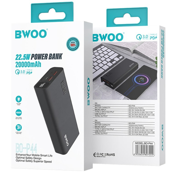 Фото - Батарея мобильная BWOO 22,5W 20000 mAh power bank with LCD screen, black (BO-P44)