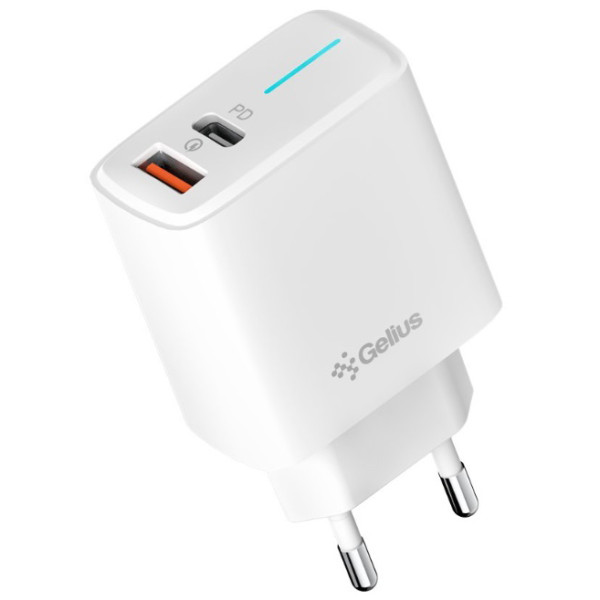 Фото - Сетевое зарядное устройство Gelius Radiance GP-HC058 1Type-C + 1USB-A PD/QC3.0/PPS/Super VOOC 25 W + кабель Gelius One Type-C to Type-C White (101222)