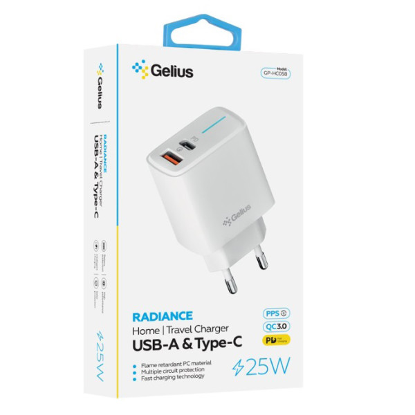 Фото - Сетевое зарядное устройство Gelius Radiance GP-HC058 1Type-C + 1USB-A PD/QC3.0/PPS/Super VOOC 25 W + кабель Gelius One Type-C to Type-C White (101222)