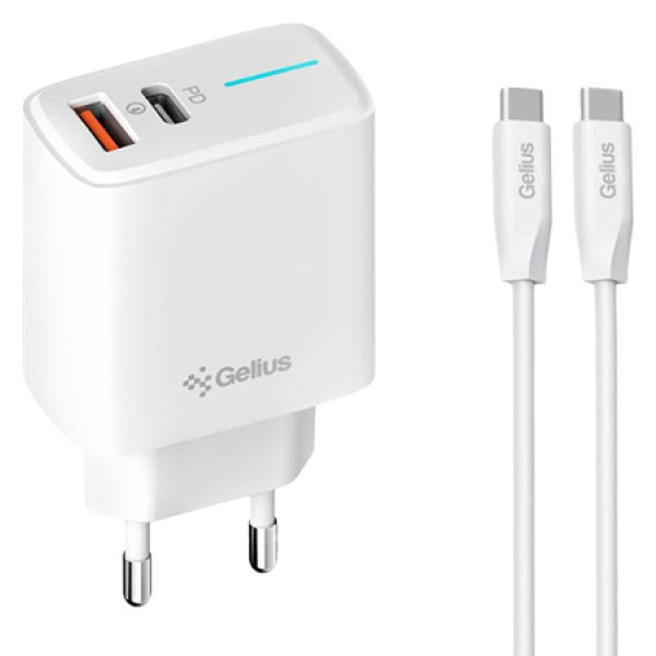Фото - Сетевое зарядное устройство Gelius Radiance GP-HC058 1Type-C + 1USB-A PD/QC3.0/PPS/Super VOOC 25 W + кабель Gelius One Type-C to Type-C White (101222)