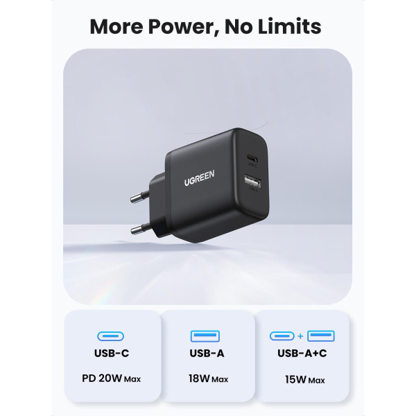 Фото - Сетевое зарядное устройство UGREEN X227 USB-A+USB-C 20W PD Fast Charger Black (45302)