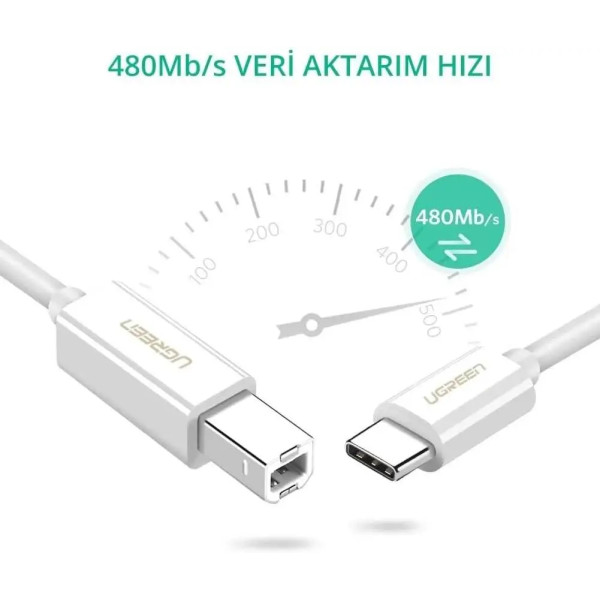 Фото - Переходник UGREEN US241 USB-C 2.0 to USB-B 2.0 Print Cable 1.5 m White (40417)