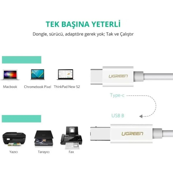 Фото - Переходник UGREEN US241 USB-C 2.0 to USB-B 2.0 Print Cable 1.5 m White (40417)