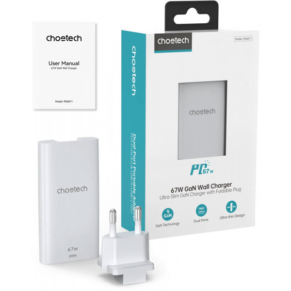 Фото - Сетевое зарядное устройство Choetech 2xUSB 65W GaN USB-C+USB-A (PD6011-EU-WH)