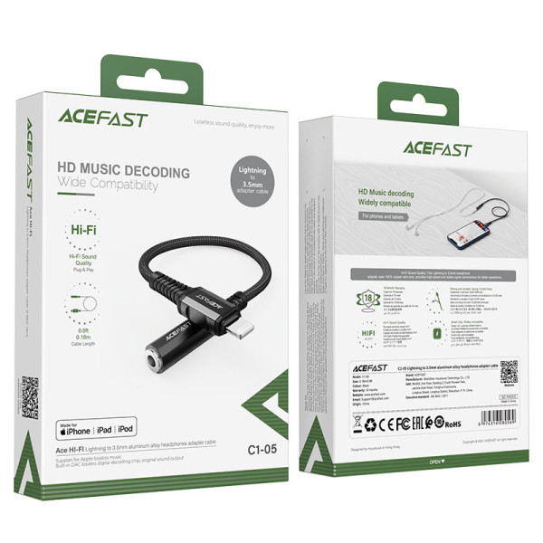 Фото - Кабель синхронизации данных AceFast C1-05 Lightning to 3.5mm Black (6974316280569)