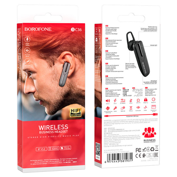 Фото - Bluetooth-гарнитура BOROFONE BC36 Lucky business BT headset Black (6974443381931)