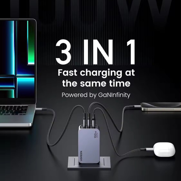 Фото - Сетевое зарядное устройство UGREEN 3xUSB 100W GaN (2xType-C+USB-A) Nexode Pro Gray X757 (25874)