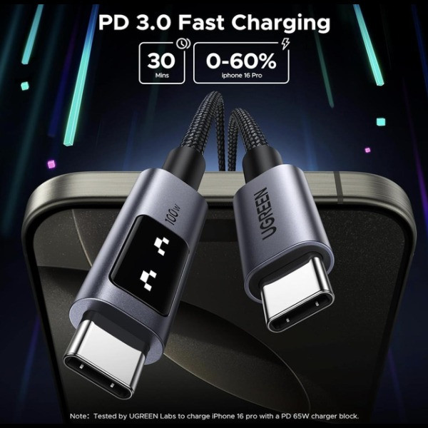 Фото - Кабель синхронизации данных UGREEN L509 Uno USB-C to USB-C 100W PD Fast Charging Cable 2m Black (35512)