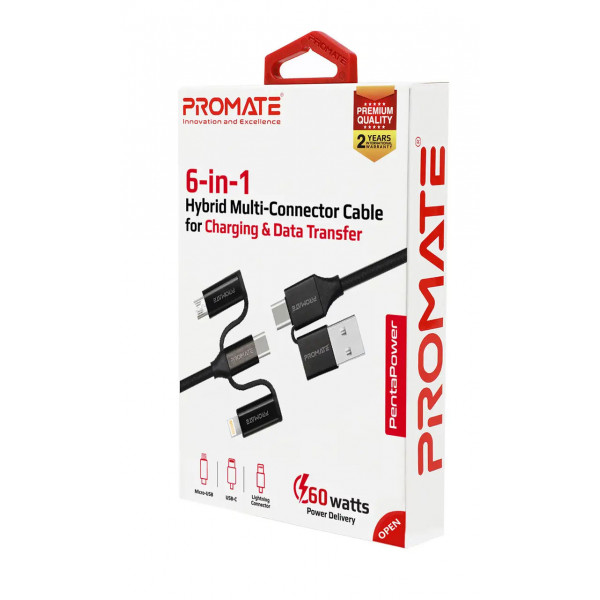 Фото - Кабель синхронизации данных Promate USB-Lightning/microUSB/USB Type-C Pentapower.Black