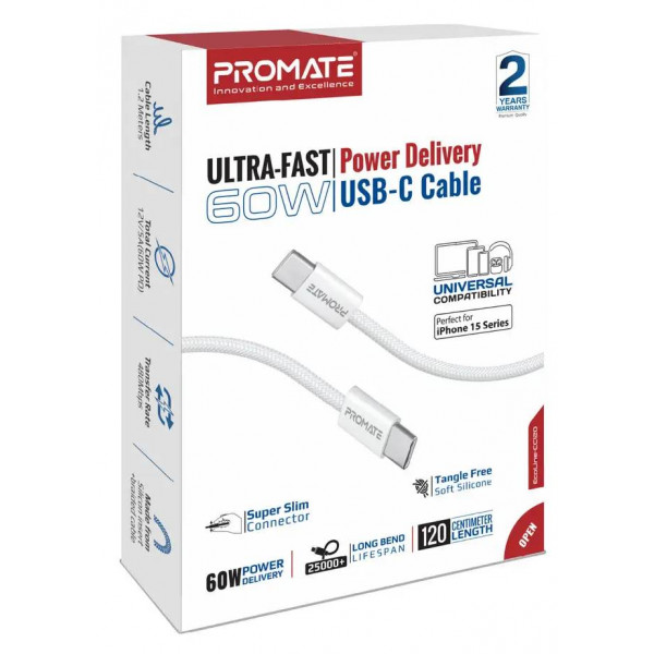 Фото - Кабель синхронизации данных Promate Type-C - USB Type-C (ecoline-cc120.white)