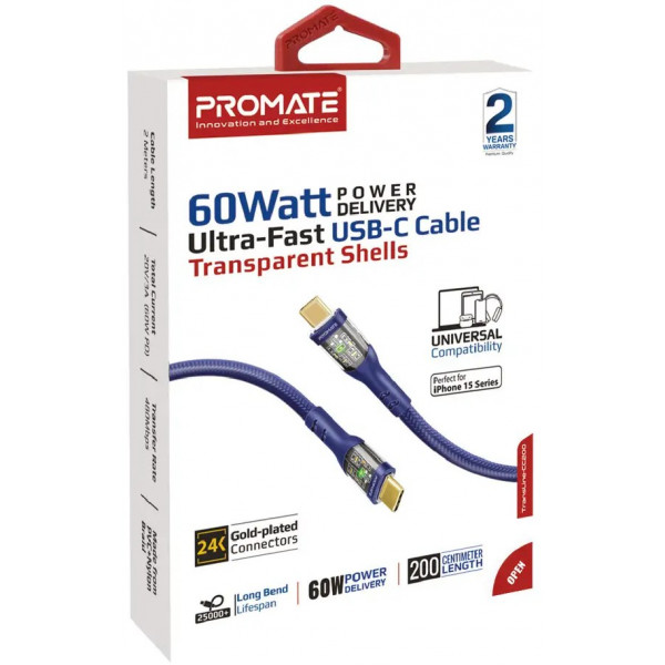Фото - Кабель синхронизации данных Promate Type-C - USB Type-C (transline-cc200.navy)